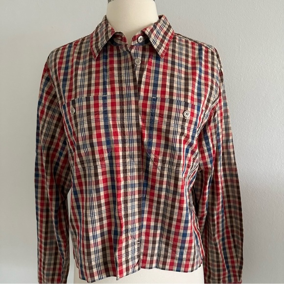 Liz Claiborne Lizwear Plaid Checkered Cropped Shirt Waist Length M 100% Cotton - Picture 2 of 7